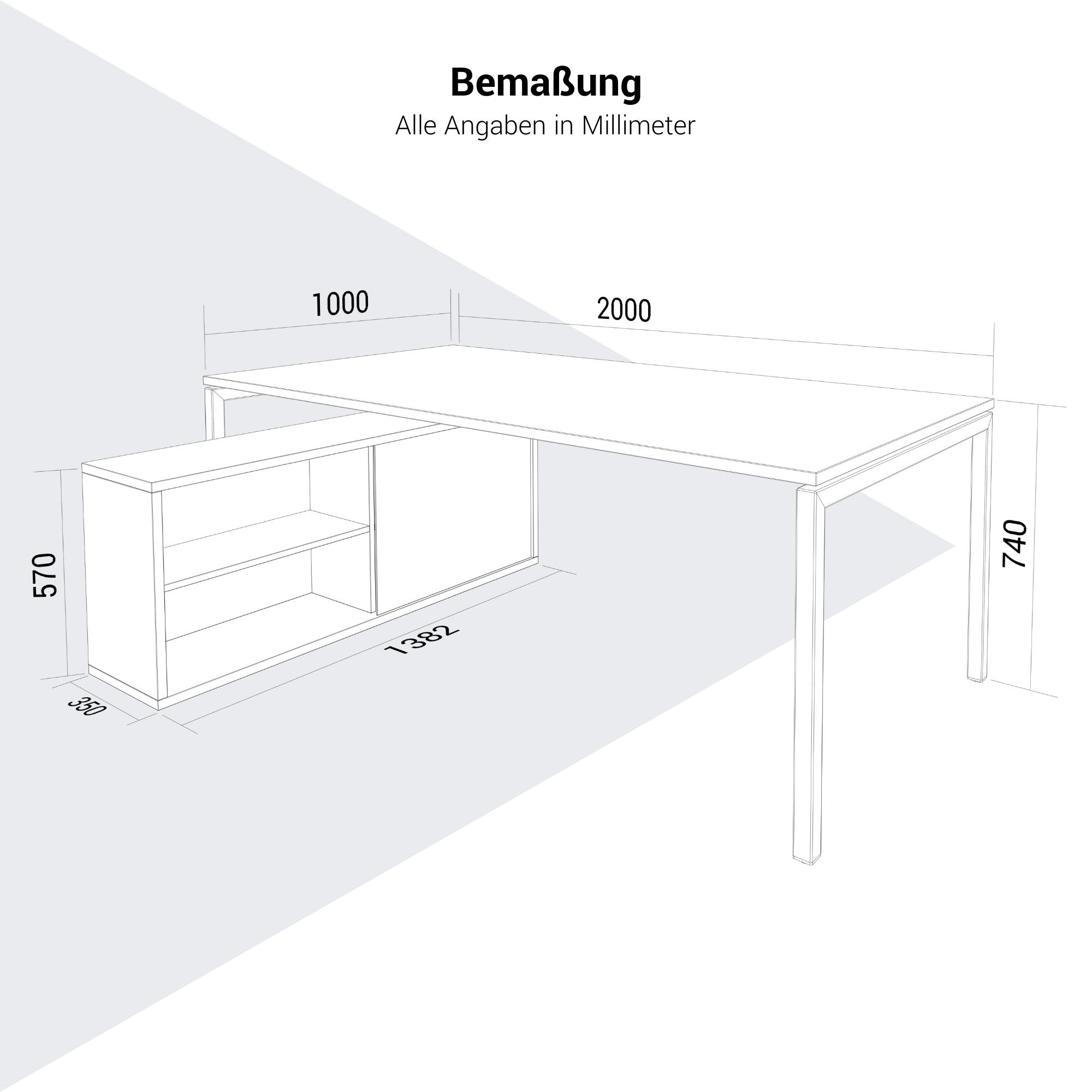 NOVA U Chefschreibtisch mit Lowboard | 2000 x 1382 mm, Cubanitgrau