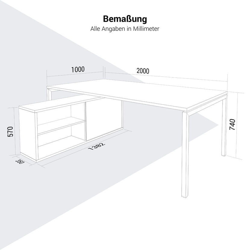 NOVA U Chefschreibtisch mit Lowboard | 2000 x 1382 mm, Cubanitgrau