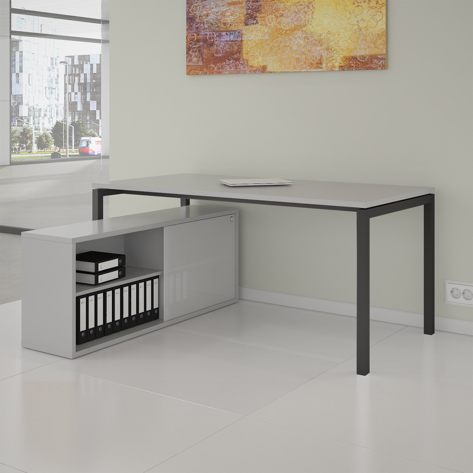 NOVA U executive desk with lowboard | 2000 x 1382 mm, pearl gray