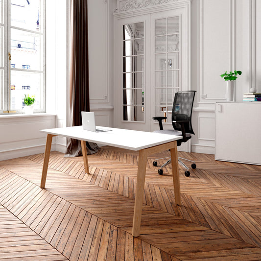 NOVA WOOD Schreibtisch | 1200 - 1800 mm, Massivholz-Gestell, Melamin