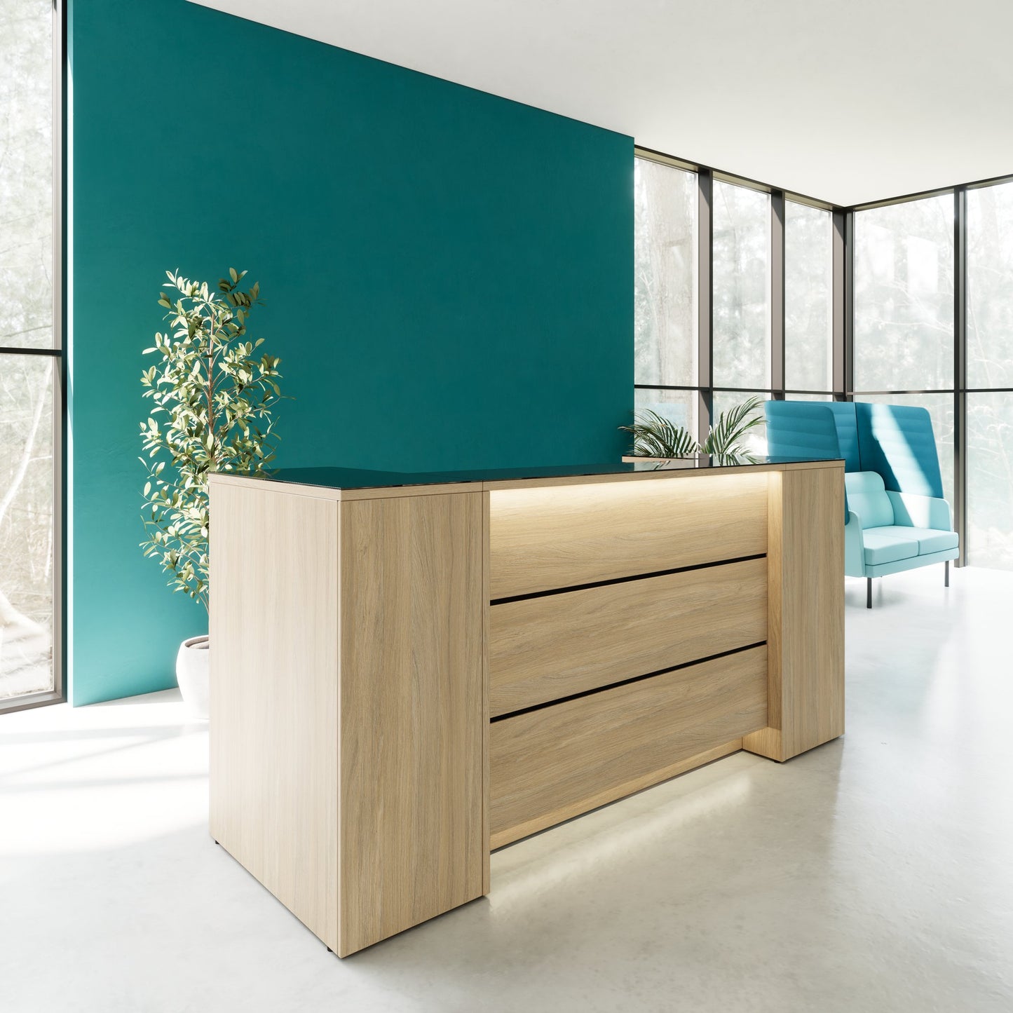 Novum reception counter | 2000-2400 mm, multicolor LED lighting, amber oak