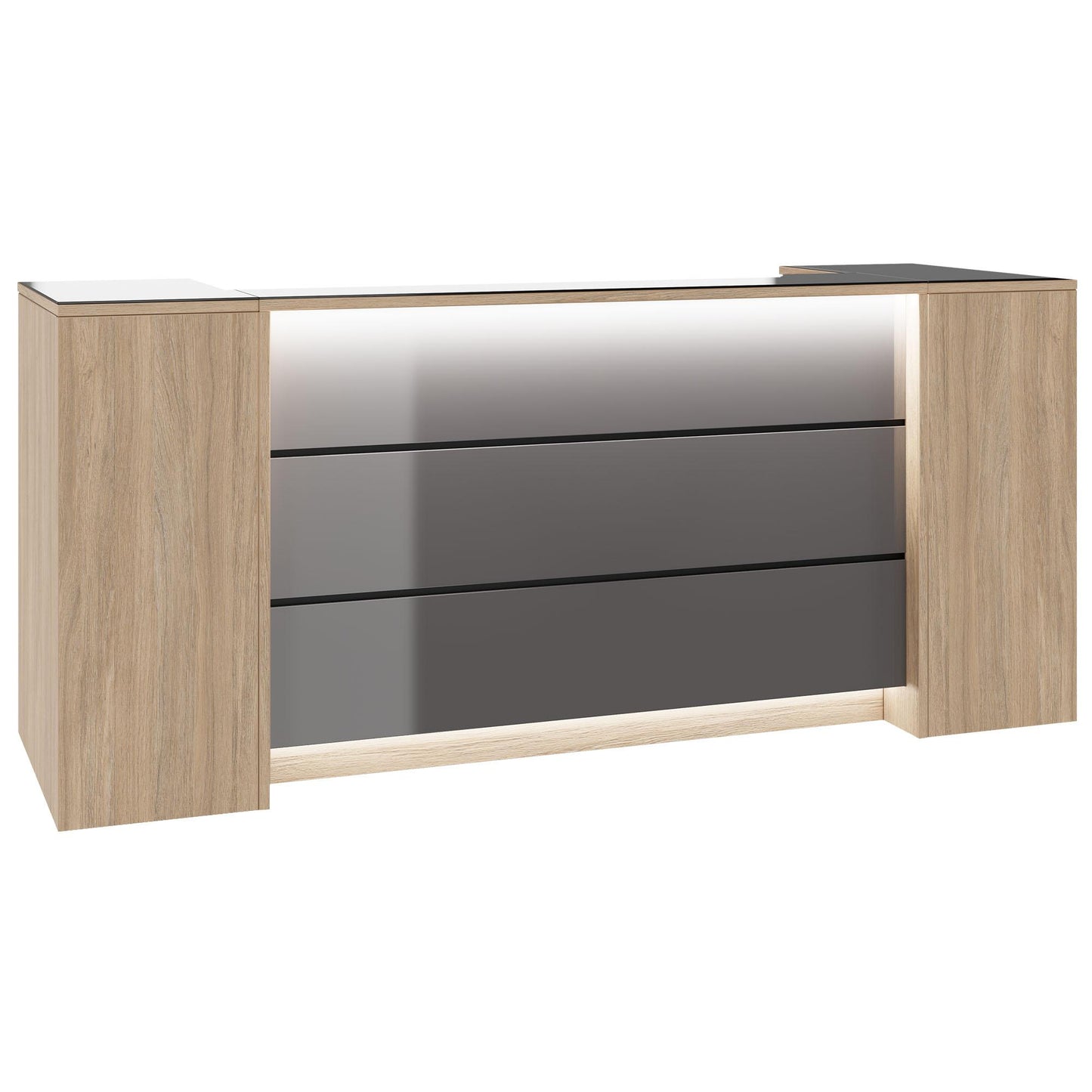 Novum reception counter | 2000-2400 mm, multicolor LED lighting, amber oak