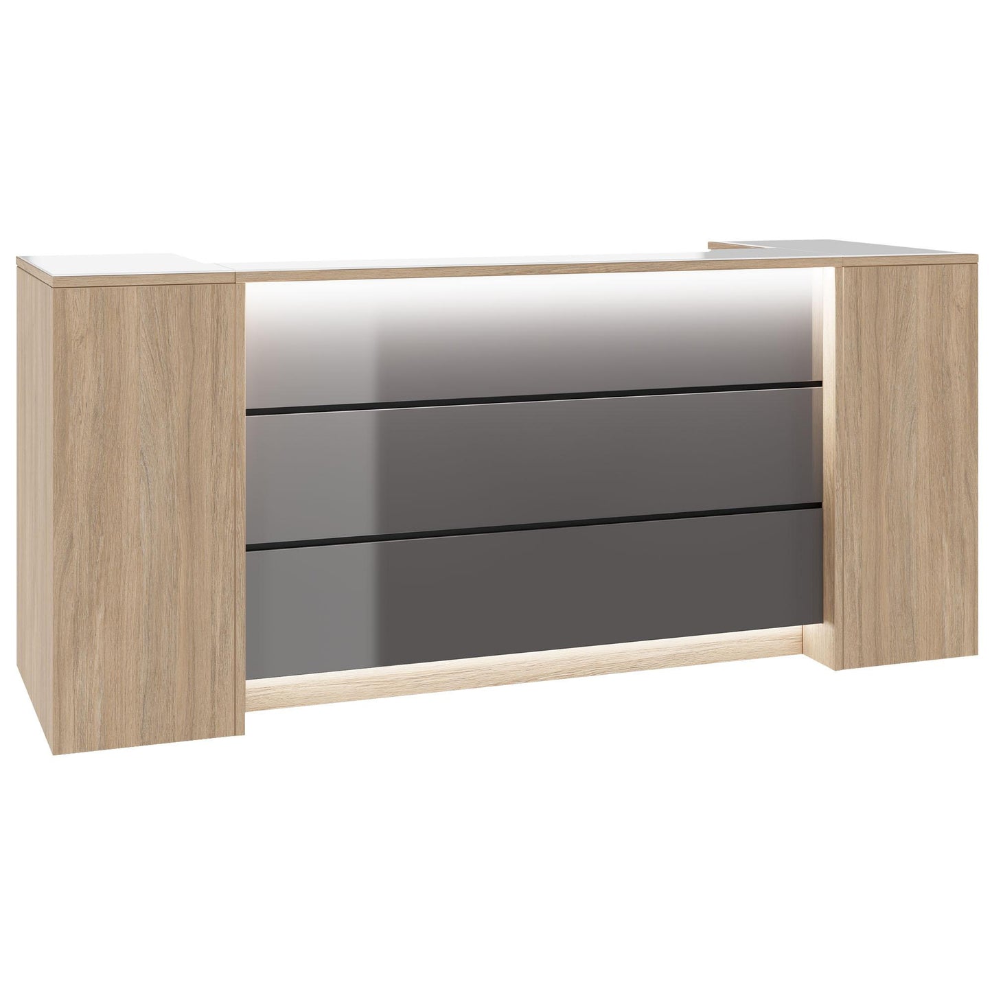 Novum reception counter | 2000-2400 mm, multicolor LED lighting, amber oak