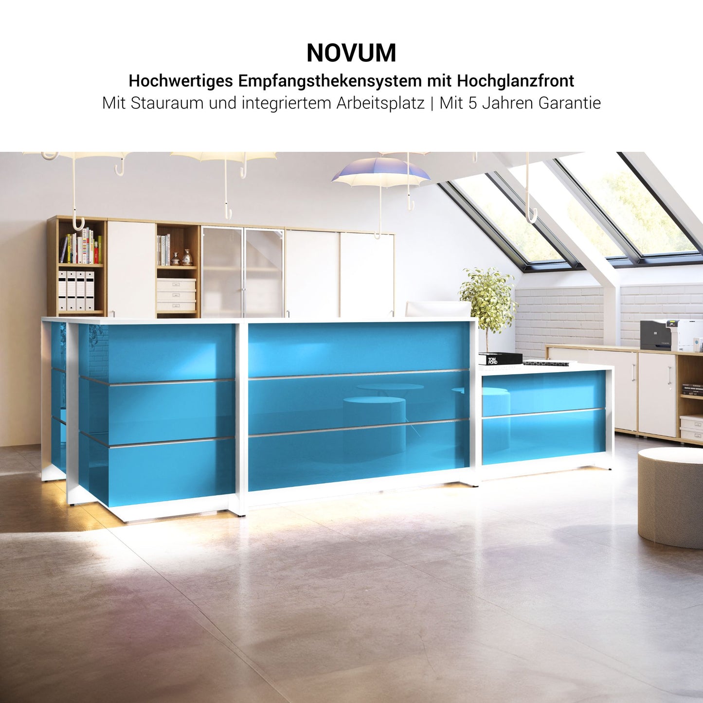 Novum reception counter | 2000-2400 mm, multicolor LED lighting, amber oak