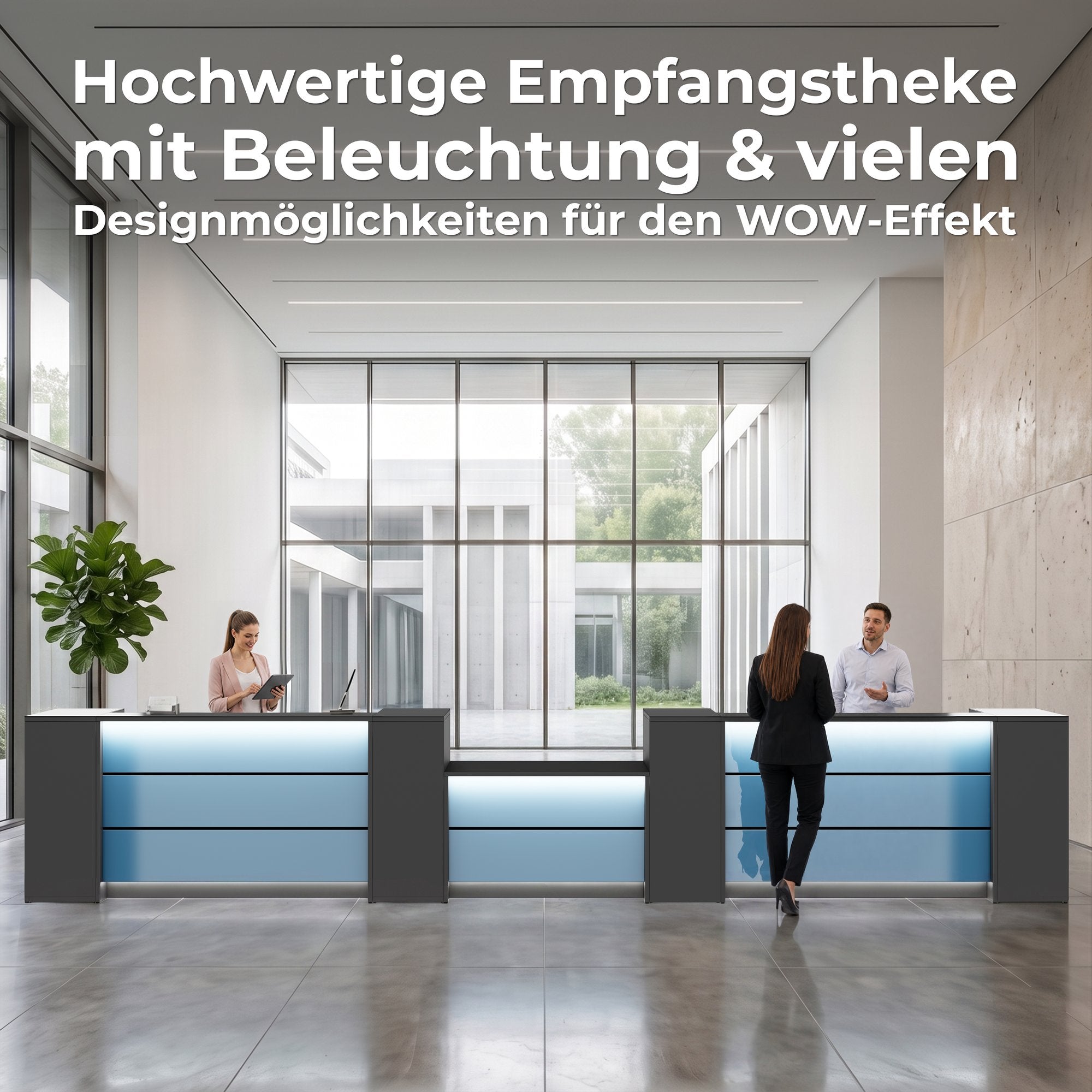 NOVUM Empfangstheke | 3600 - 4400 mm, Multicolor-LED-Beleuchtung, Weiß