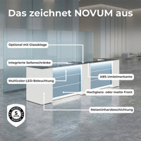 NOVUM Empfangstheke | 3600 - 4400 mm, Multicolor-LED-Beleuchtung, Weiß