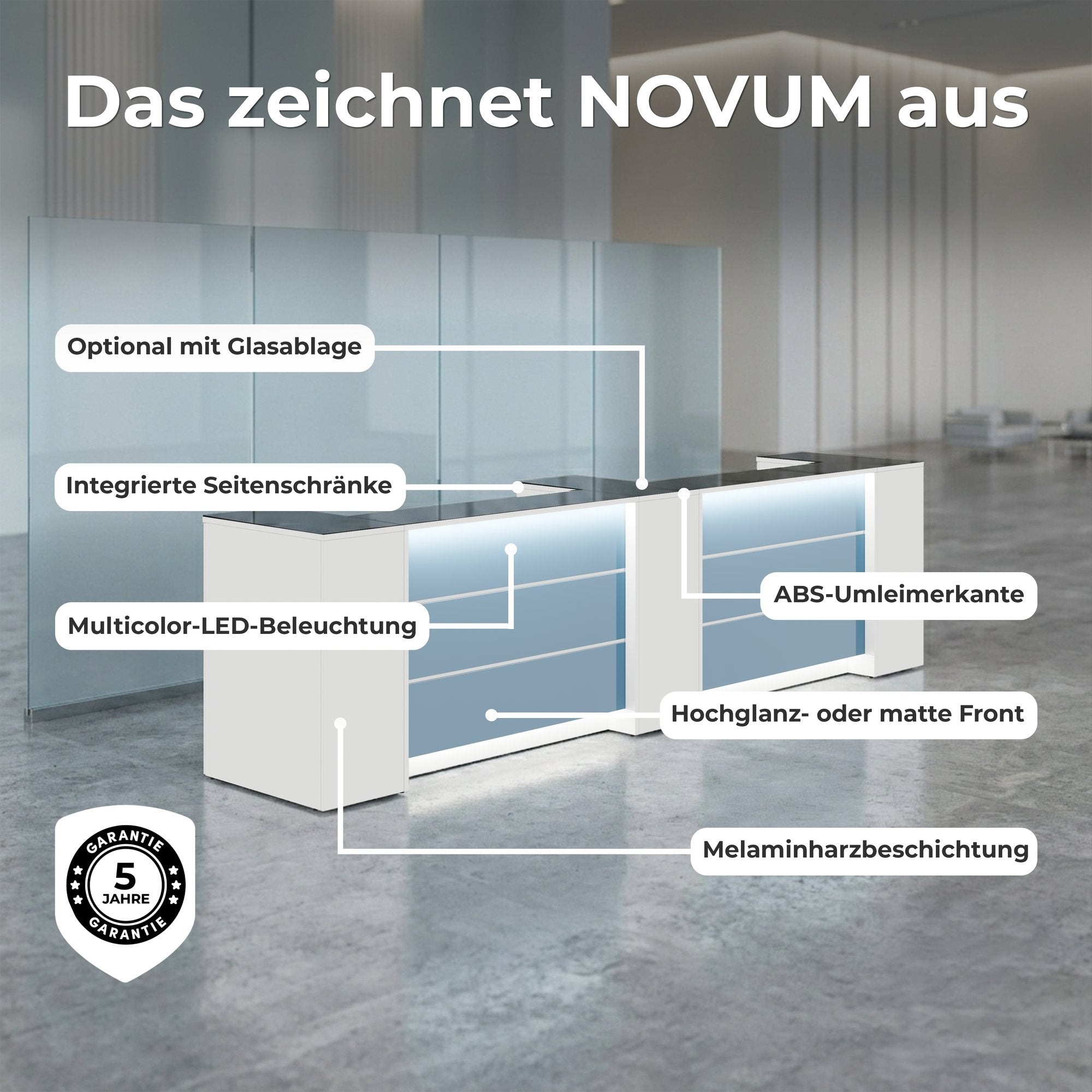 NOVUM Empfangstheke | 3600 - 4400 mm, Multicolor-LED-Beleuchtung, Weiß