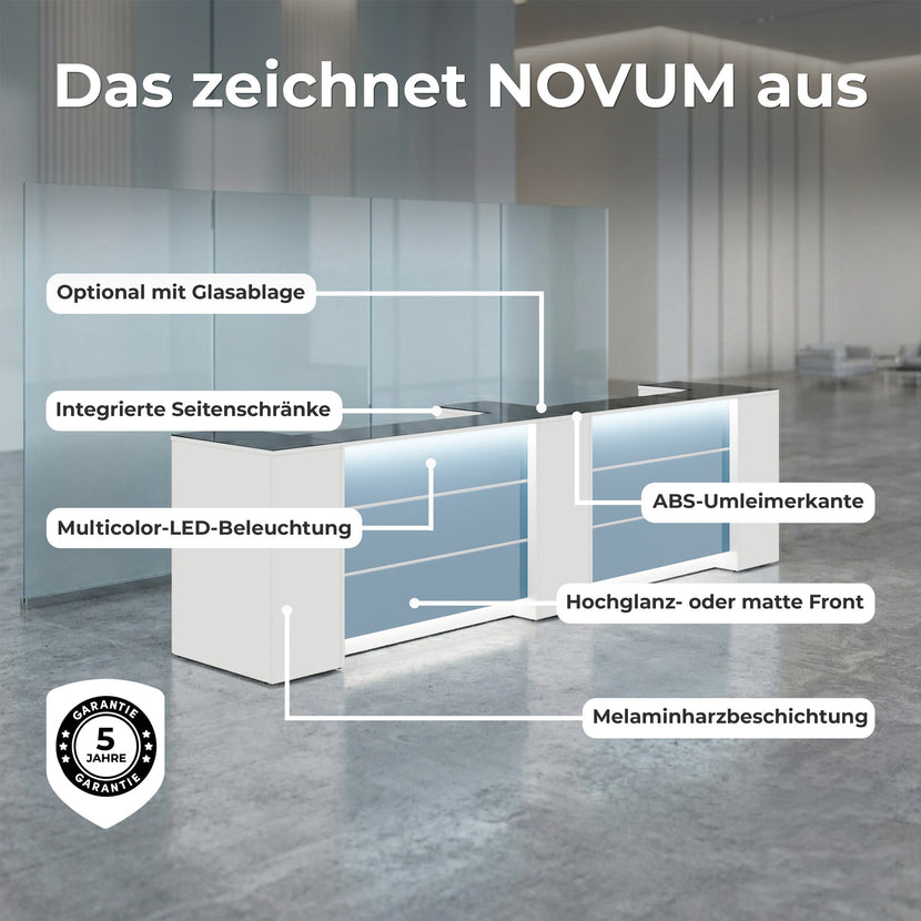 NOVUM Empfangstheke | 3600 - 4400 mm, Multicolor-LED-Beleuchtung, Weiß