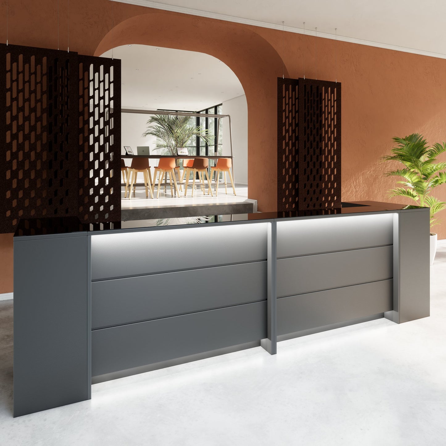 Novum reception counter | 3200-4000 mm, multicolor LED lighting, anthracite