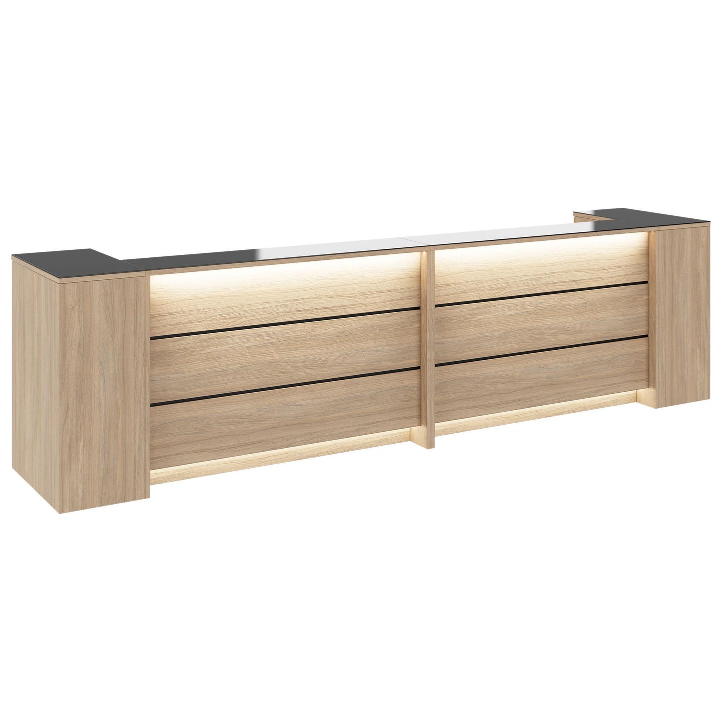 Novum reception counter | 3200-4000 mm, multicolor LED lighting, amber oak