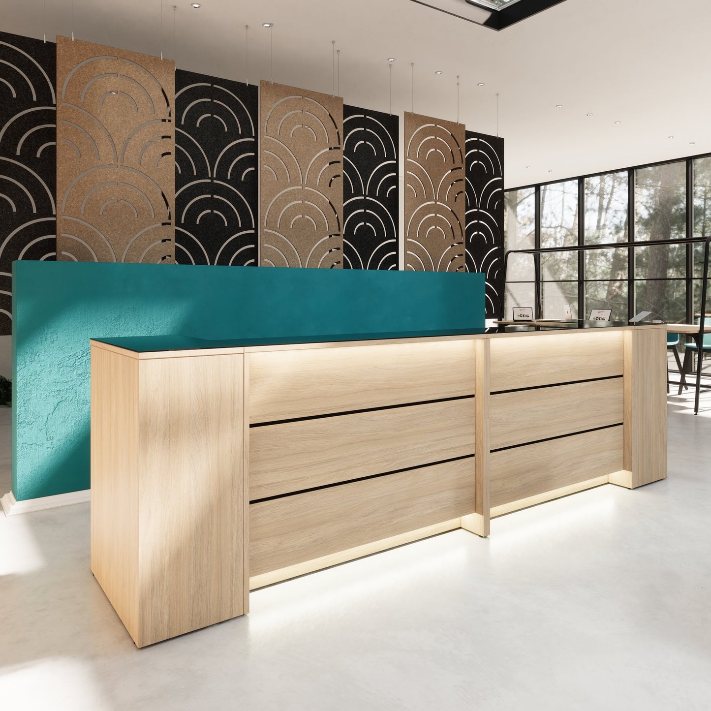 Novum reception counter | 3200-4000 mm, multicolor LED lighting, amber oak