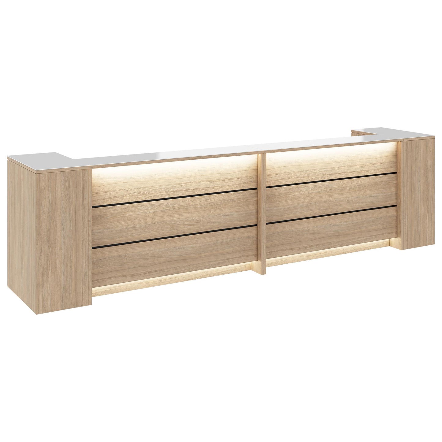 Novum reception counter | 3200-4000 mm, multicolor LED lighting, amber oak