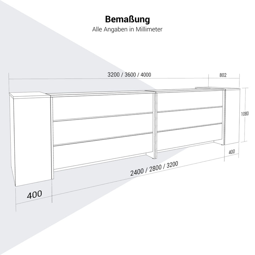 NOVUM Empfangstheke | 3200 - 4000 mm, Multicolor-LED-Beleuchtung, Weiß