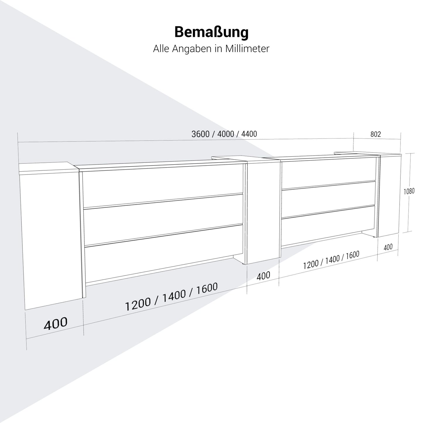 NOVUM Empfangstheke | 3600 - 4400 mm, Multicolor-LED-Beleuchtung, Weiß