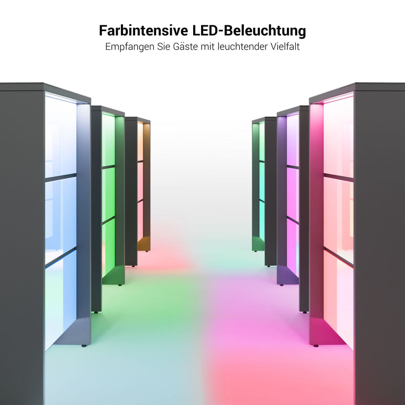 NOVUM Empfangstheke | 5200 - 6000 mm, Multicolor-LED-Beleuchtung, Anthrazit