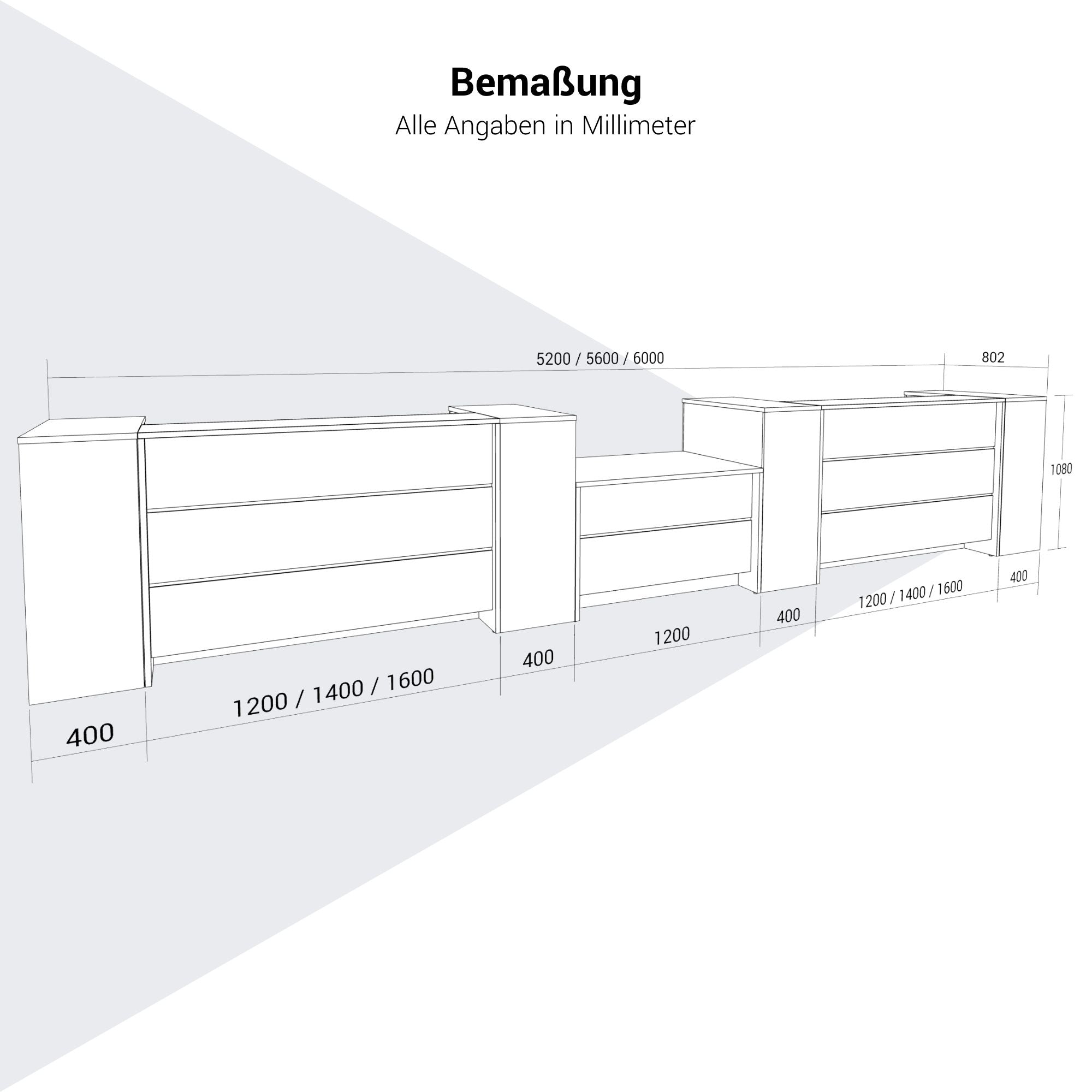 NOVUM Empfangstheke | 5200 - 6000 mm, Multicolor-LED-Beleuchtung, Anthrazit