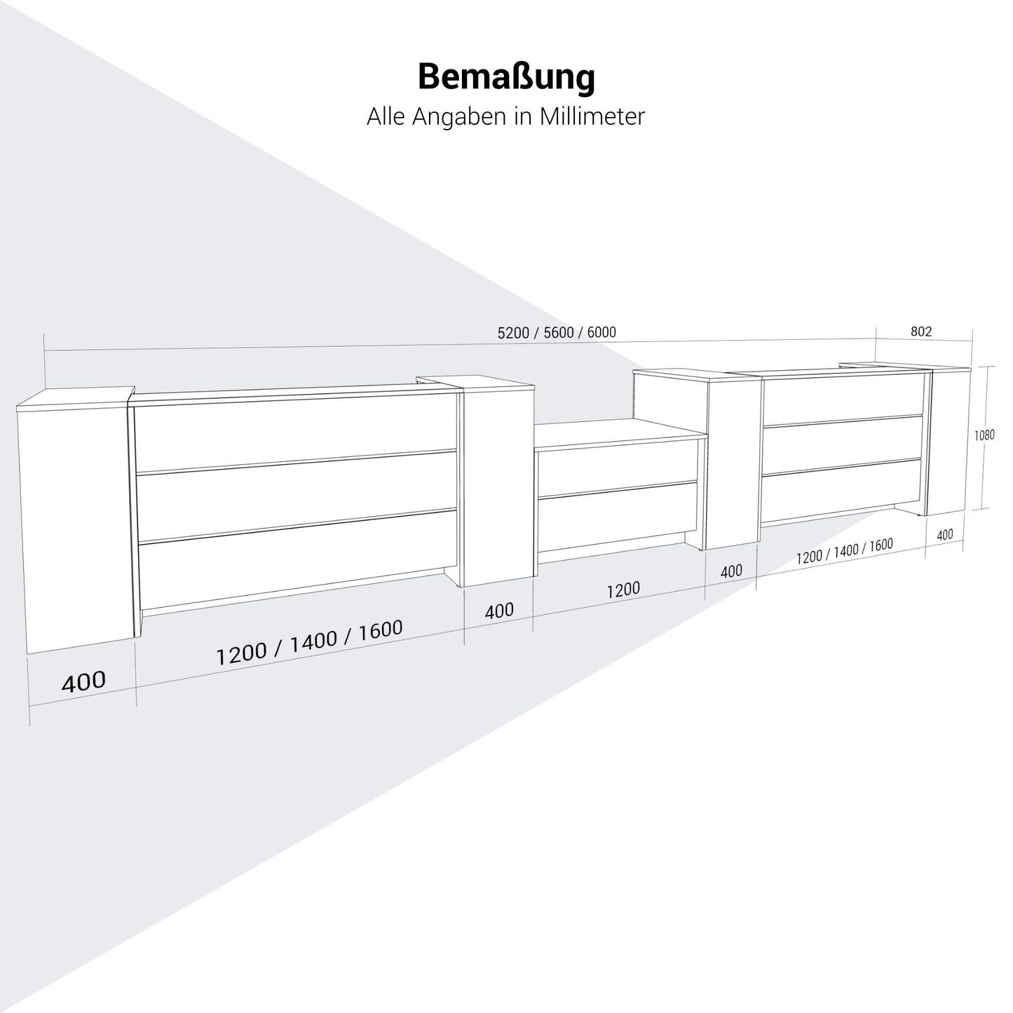 NOVUM Empfangstheke | 5200 - 6000 mm, Multicolor-LED-Beleuchtung, Bernsteineiche