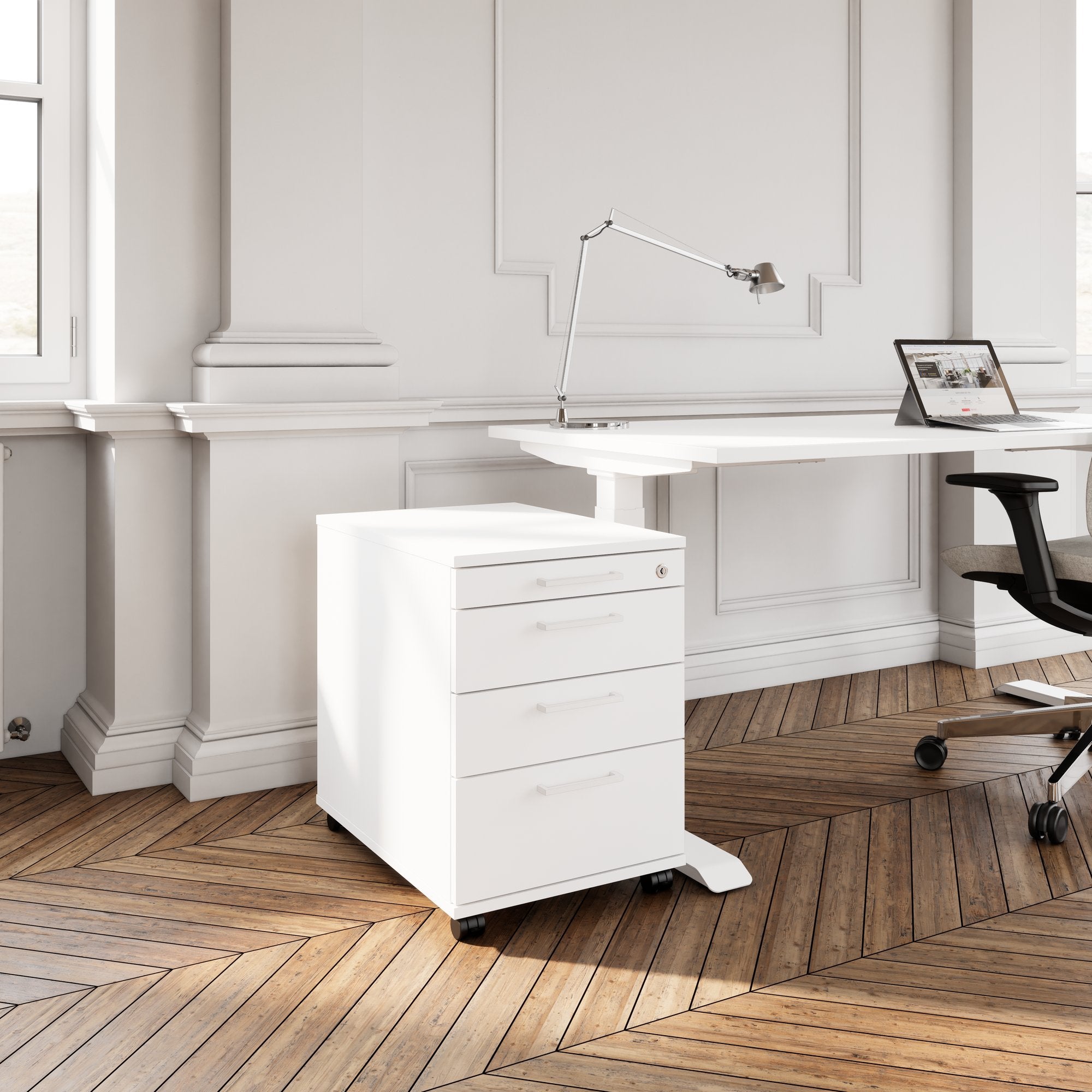 OPTIMA PRO Conteneur en rouleau | 3 tiroirs métalliques + 1 petites pièces, ferme douce, blanc