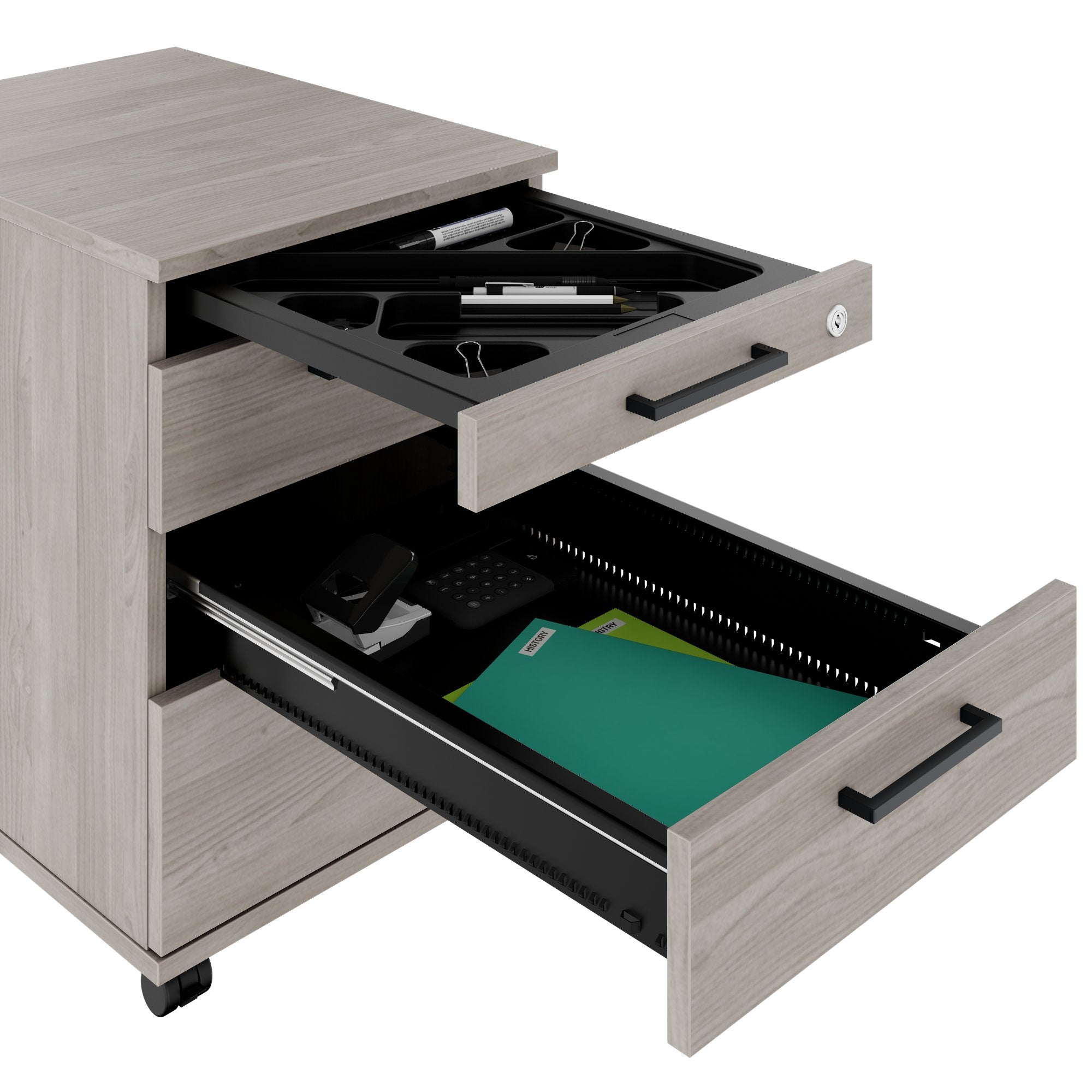 OPTIMA PRO Container rotolo | 3 cassetti di metallo + 1 Piccole parti, morbido vicino, grigio di quercia nord
