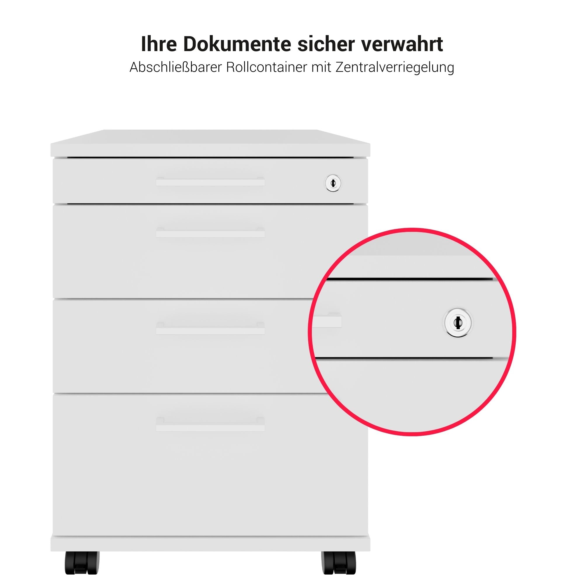 OPTIMA PRO Conteneur en rouleau | 3 tiroirs métalliques + 1 petites pièces, ferme douce, blanc