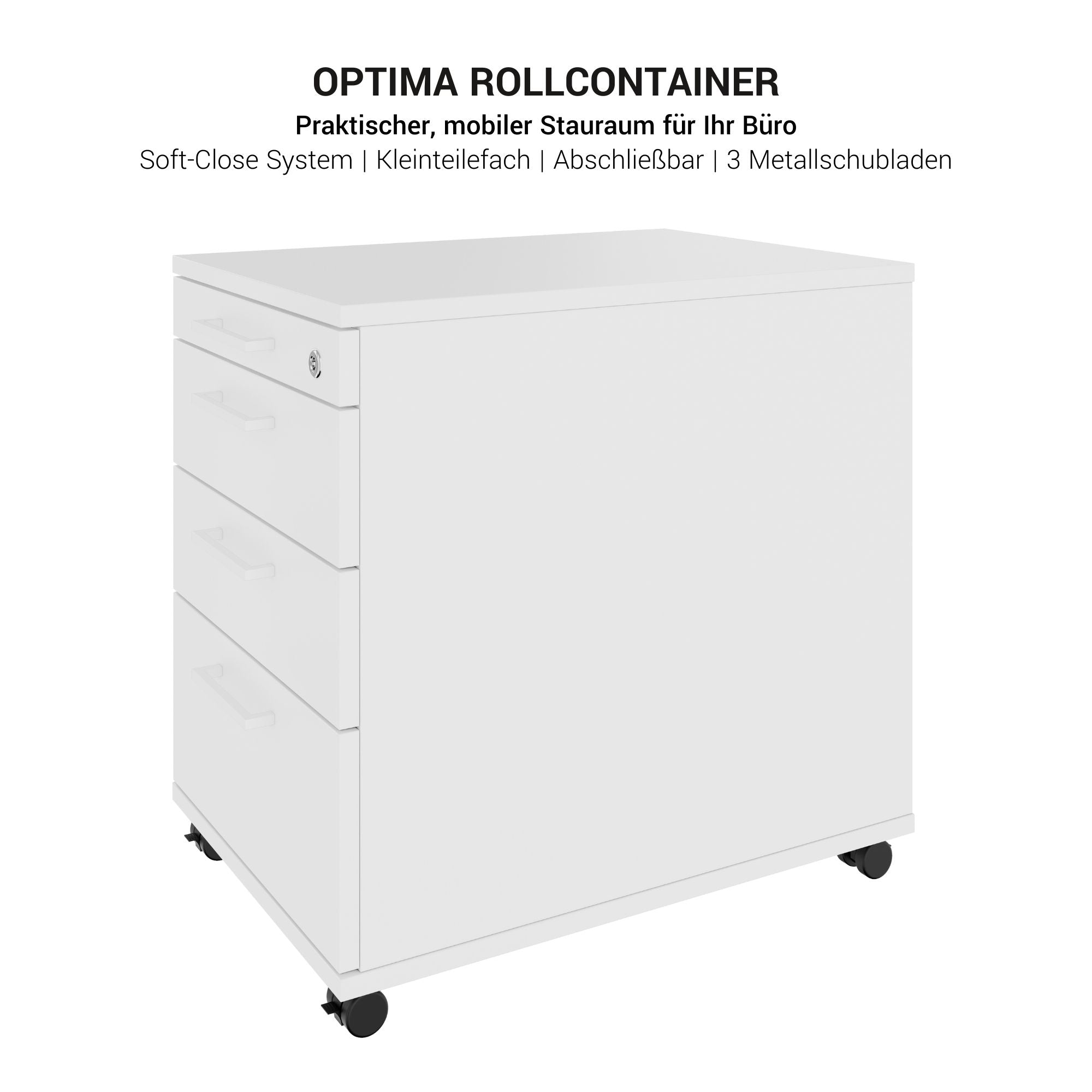 OPTIMA PRO Conteneur en rouleau | 3 tiroirs métalliques + 1 petites pièces, ferme douce, blanc