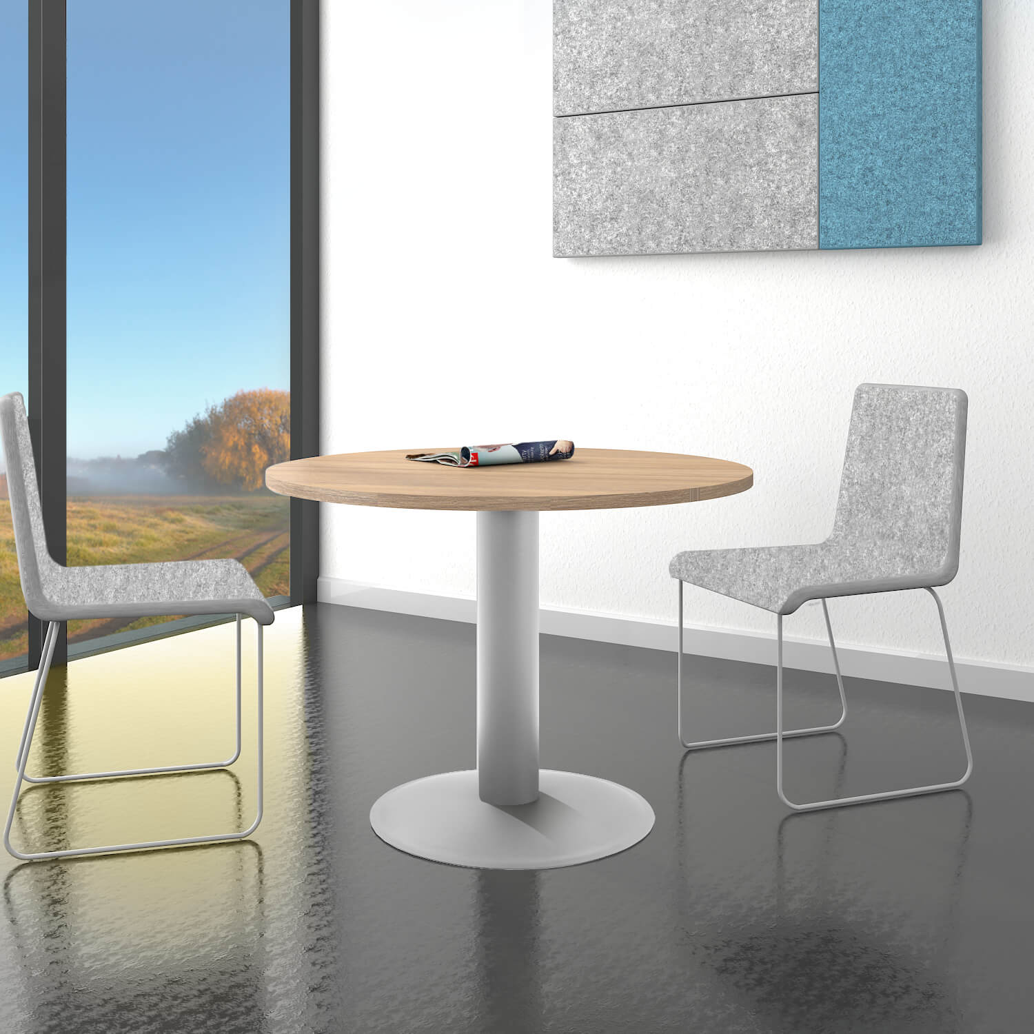 OPTIMA Tableau de réunion | Rond, cadre argent, Ø 1000 mm, chêne ambre
