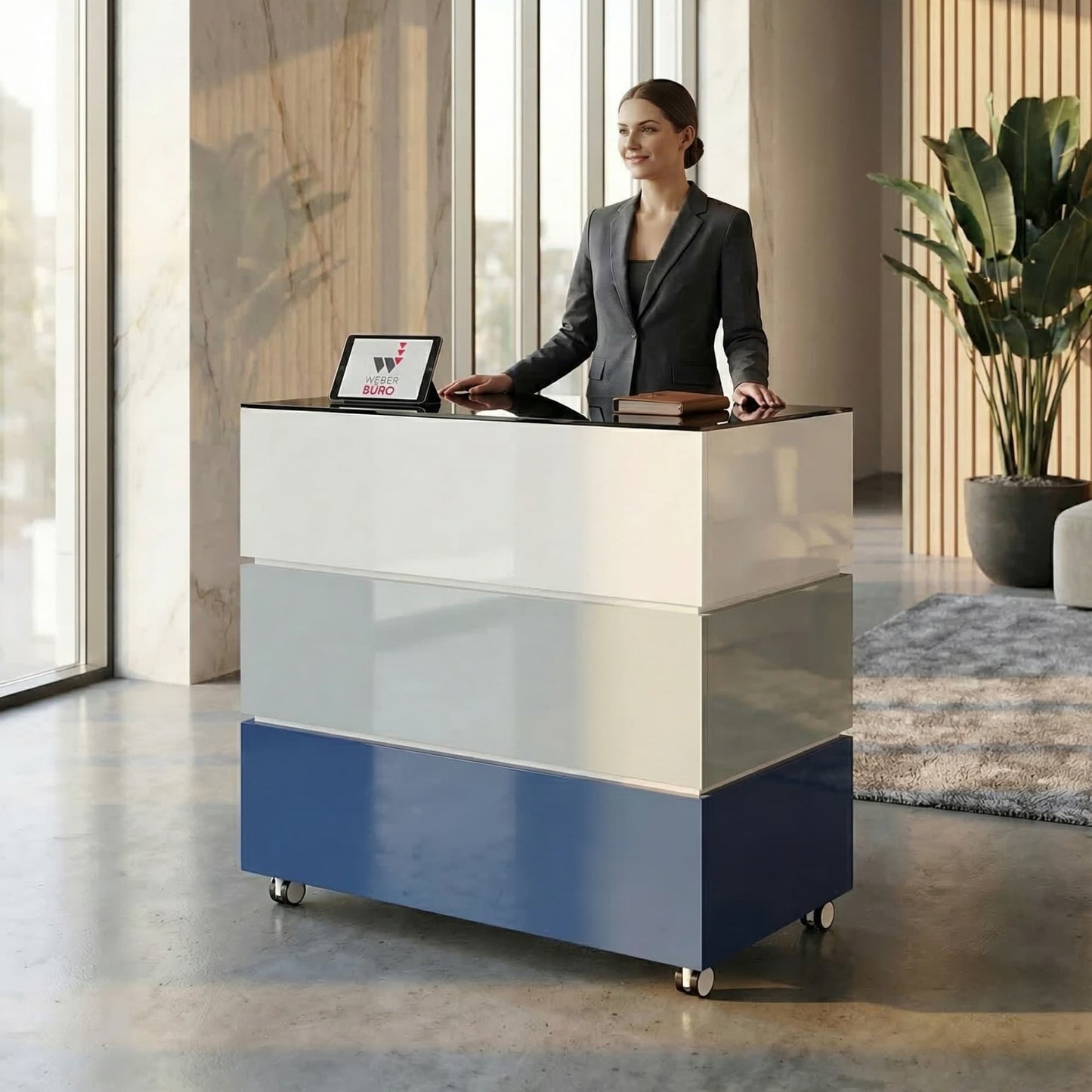 Banco reception PERLA SMALL | 1060 x 1130 mm, vano portaoggetti integrato, illuminazione a LED opzionale