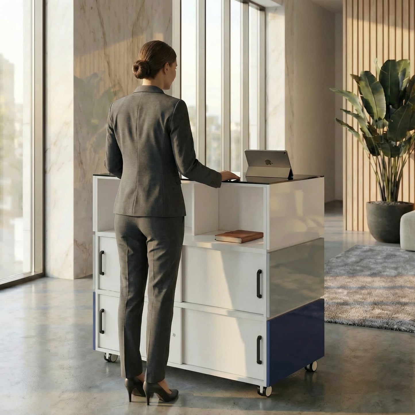 Banco reception PERLA SMALL | 1060 x 1130 mm, vano portaoggetti integrato, illuminazione a LED opzionale