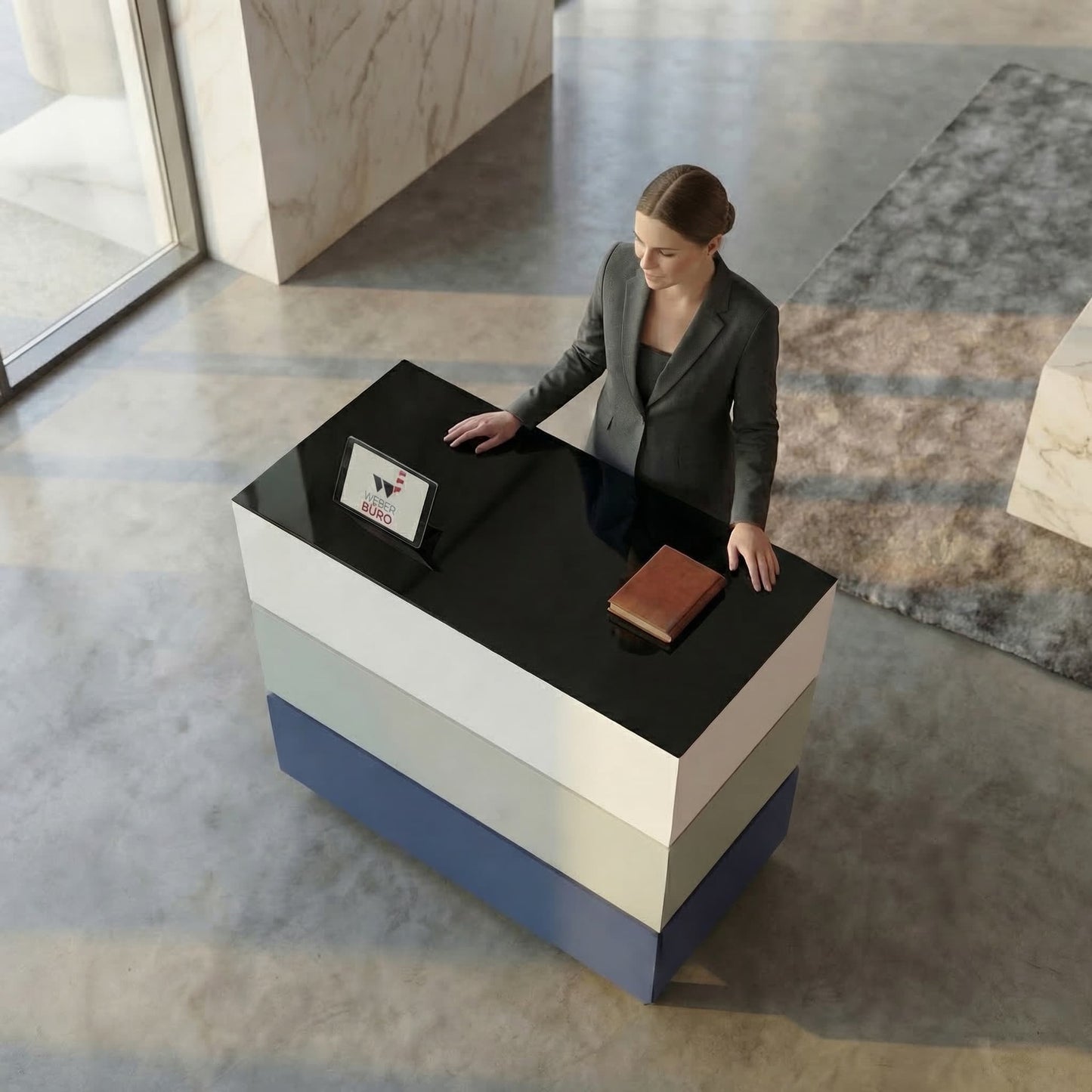 Banco reception PERLA SMALL | 1060 x 1130 mm, vano portaoggetti integrato, illuminazione a LED opzionale