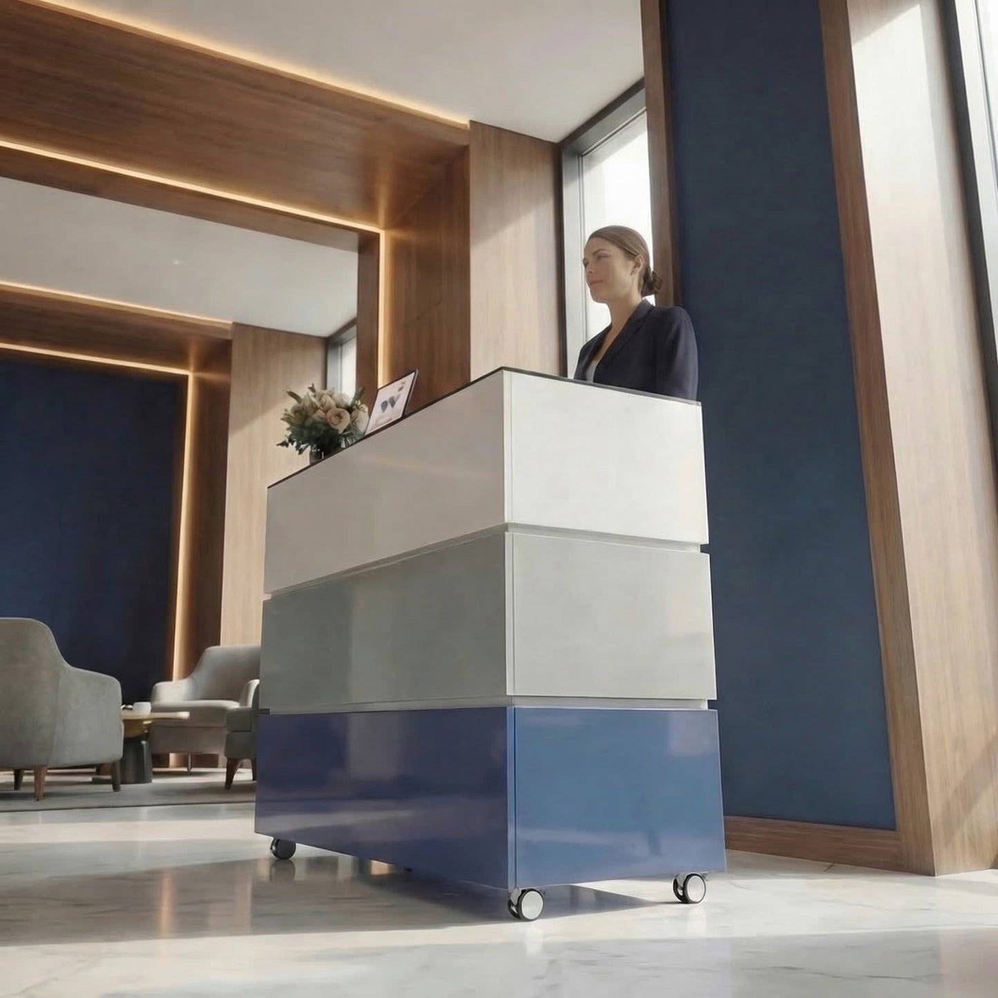 Banco reception PERLA SMALL | 1060 x 1130 mm, vano portaoggetti integrato, illuminazione a LED opzionale