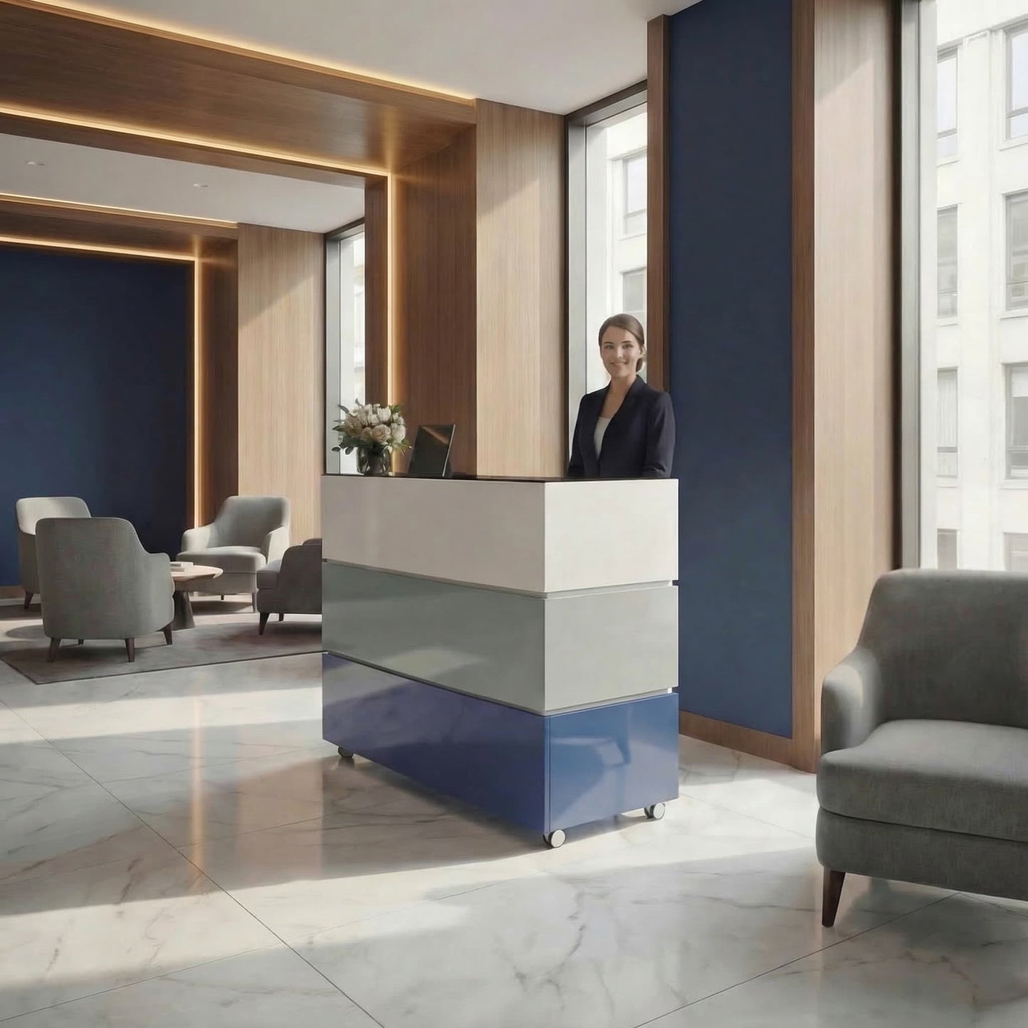 Banco reception PERLA SMALL | 1060 x 1130 mm, vano portaoggetti integrato, illuminazione a LED opzionale