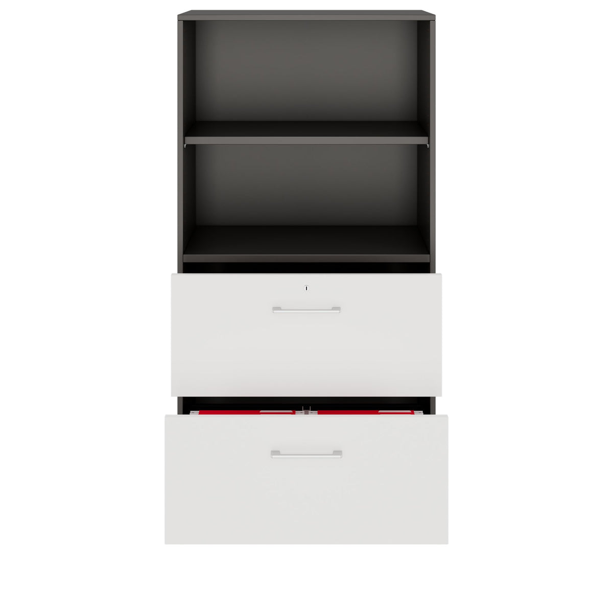 PRO Filing cabinet for suspension files | 4 OH, 800 x 1510 mm, bonded carcass, with shelf, Graphite / White  - 3 Lightbox Main Image