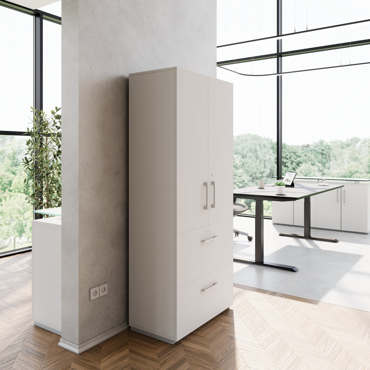 PRO Hanging filing cabinet | 5 OH, 800 x 1880 mm, glued carcass, with door, Grey  - 13 Lightbox Main Image
