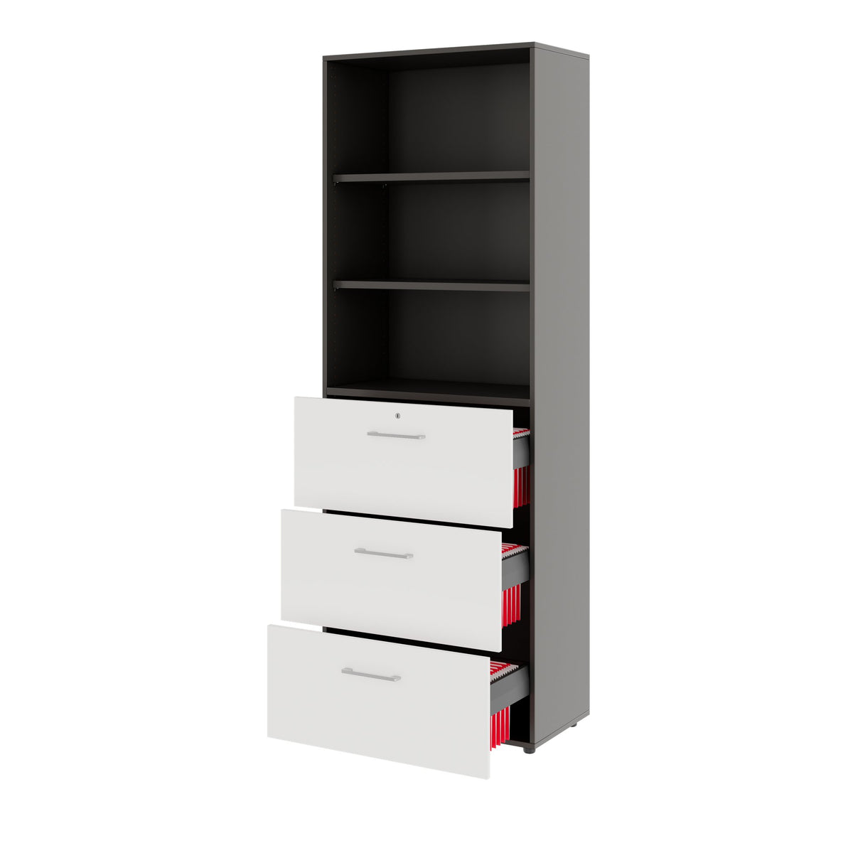PRO Hanging filing cabinet | 6 OH, 800 x 2250 mm, glued carcass, with shelf, Graphite / White  - 4 Lightbox Main Image