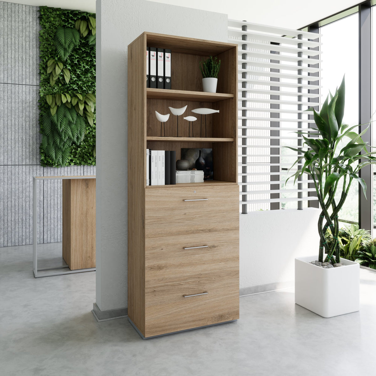 PRO Filing cabinet for hanging files | 6 OH, 800 x 2250 mm, glued carcass, with shelf, natural oak  - 13 Lightbox Main Image
