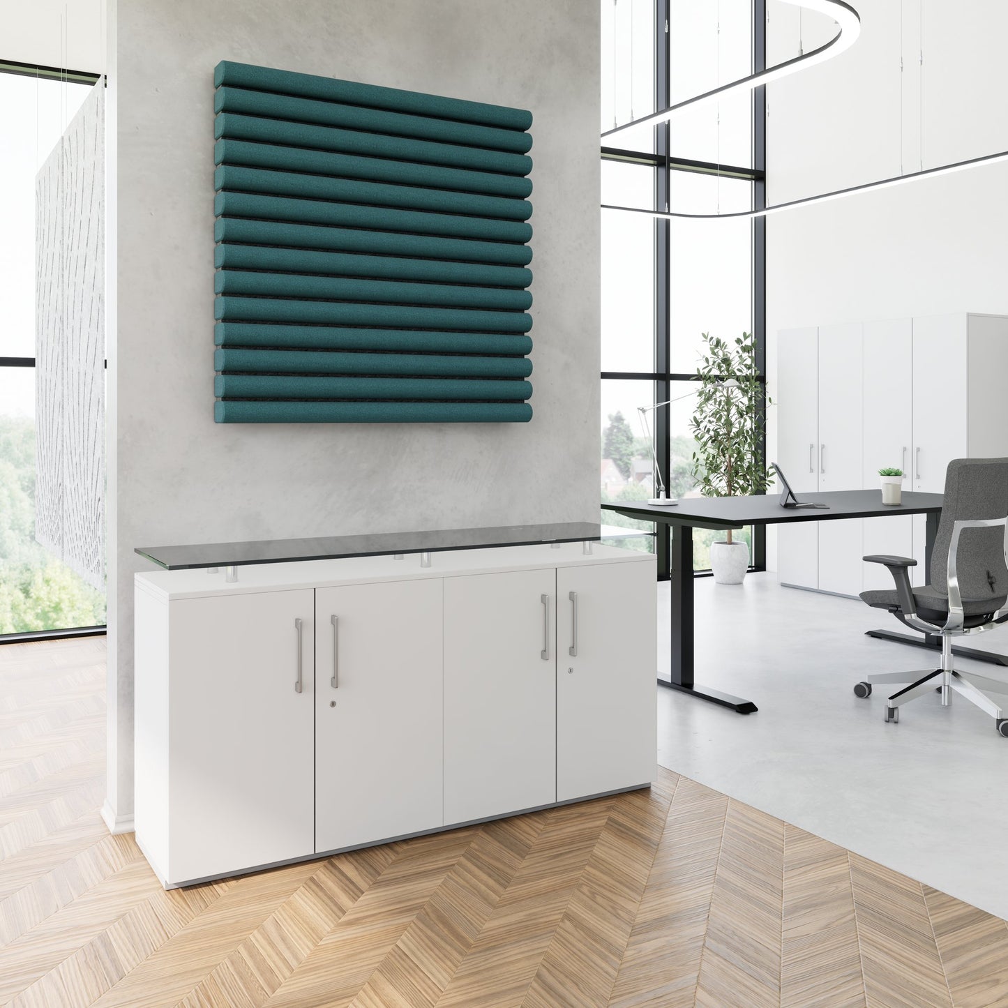 Credenza PRO | 2 OH, 1600 x 860 mm, con piano in vetro, grigio