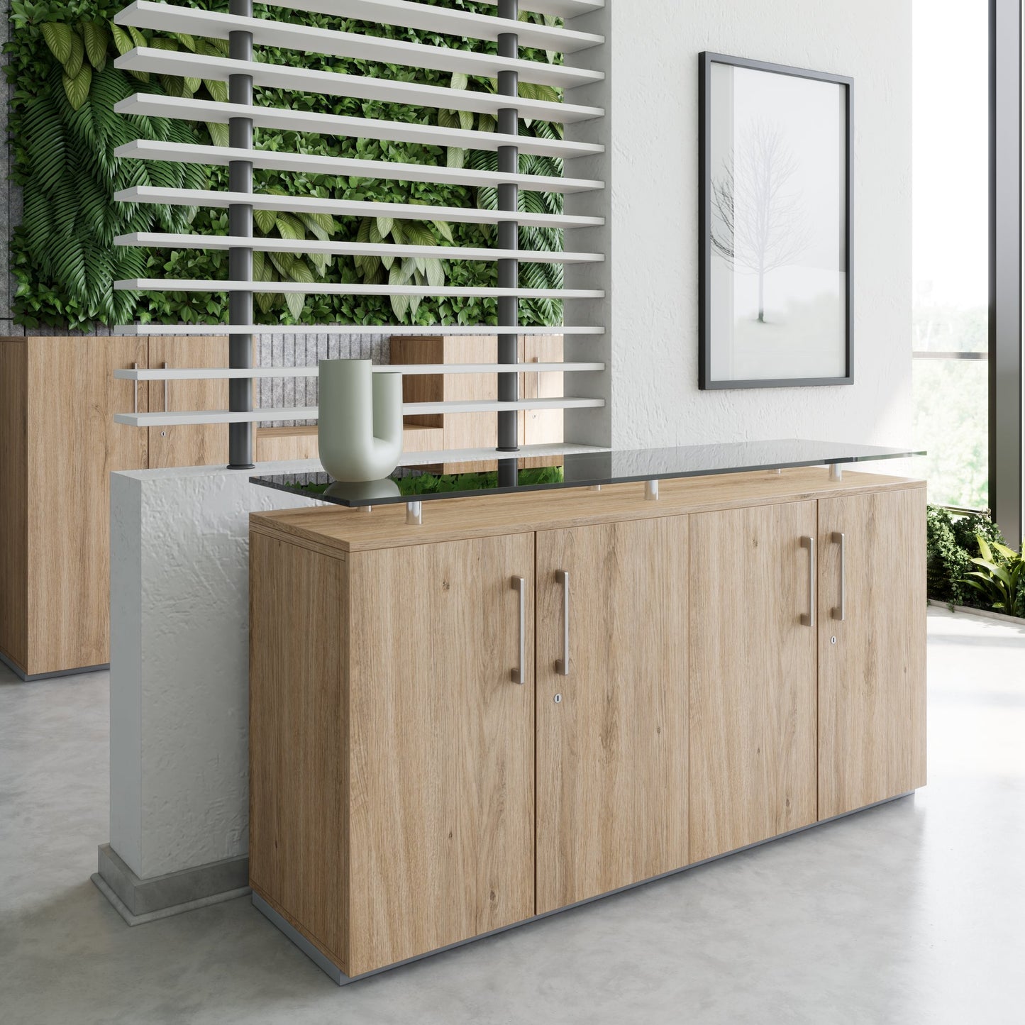 PRO Sideboard | 2 OH, 1600 x 860 mm, with glass top, natural oak