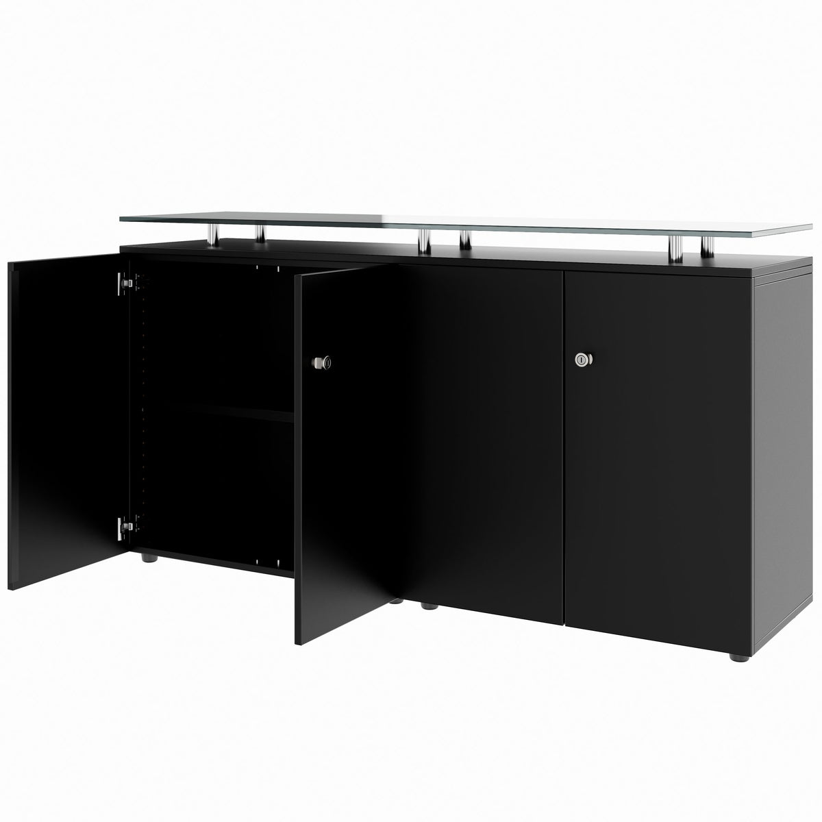 PRO Sideboard | 2 OH, 1600 x 860 mm, with glass top, Black  - 4 Lightbox Main Image