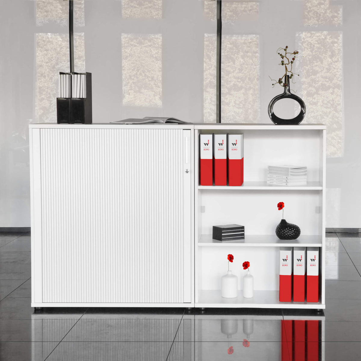 UNI Tambour cabinet | 3 OH, 1000 x 1143 mm, White  - 3 Lightbox Main Image