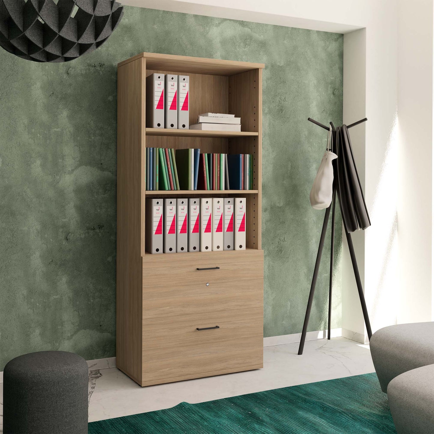 UNI combination cabinet with hanging file | 5 OH, 800 x 1897 mm, amber oak