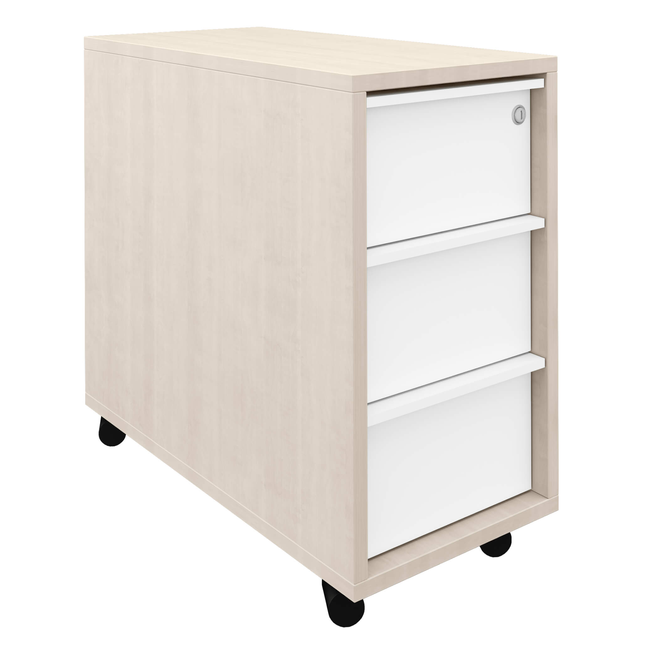 NOVA Roll container | 3 drawers, 600 mm deep, extra narrow, maple / white