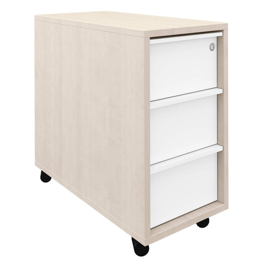 NOVA Roll container | 3 drawers, 600 mm deep, extra narrow, maple / white