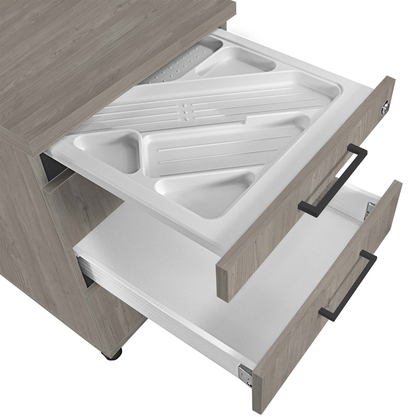 OPTIMA Container rotolo | 3 cassetti + 1 scompartimento di piccole parti, 600 mm di profondità, grigio di quercia nord