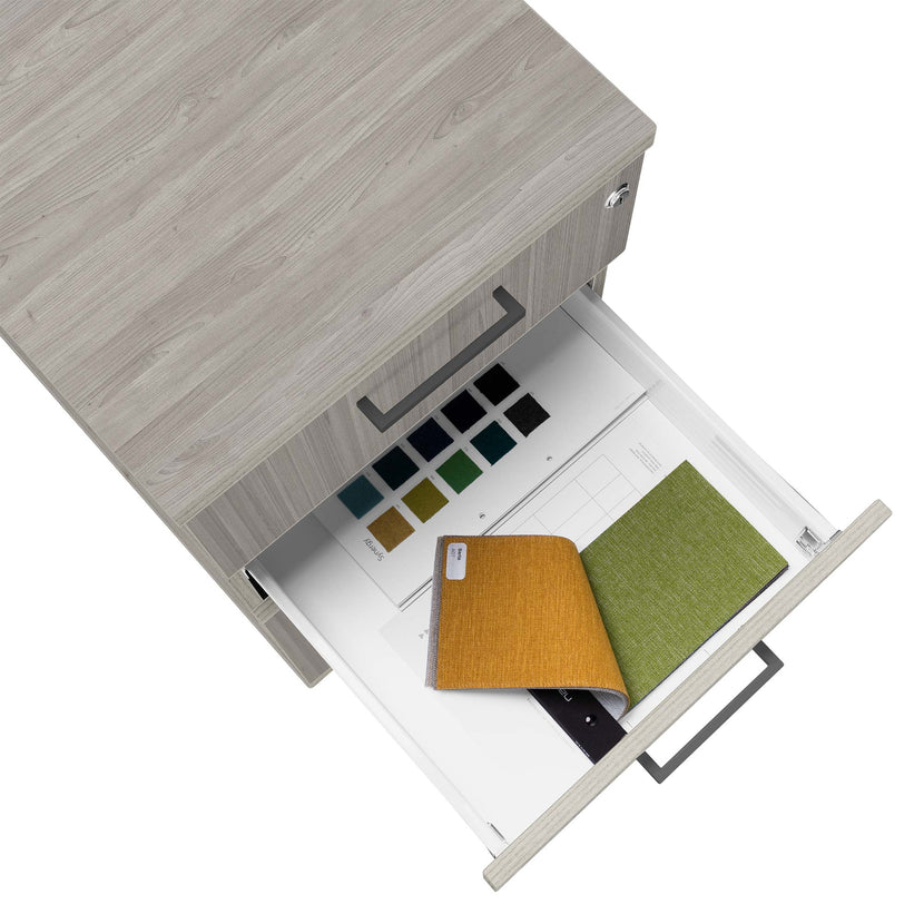 OPTIMA Container rotolo | 3 cassetti + 1 scompartimento di piccole parti, 600 mm di profondità, grigio di quercia nord