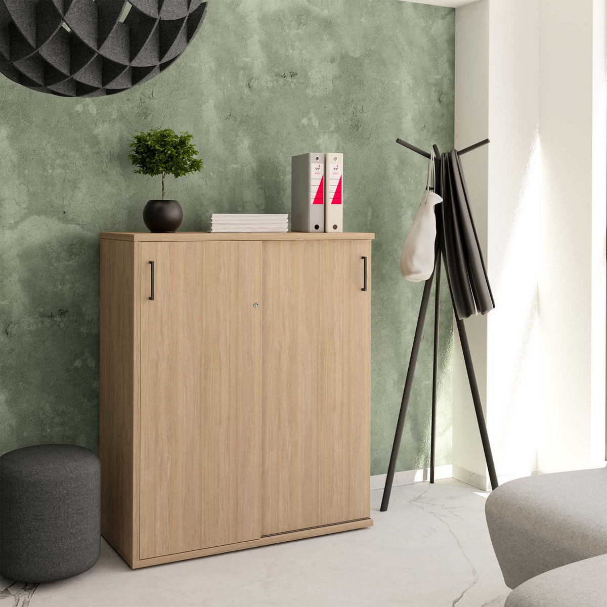 UNI Armoire à portes coulissantes | 3 classeurs, 1000 x 1143 mm, chêne ambré  - 1 Lightbox Main Image