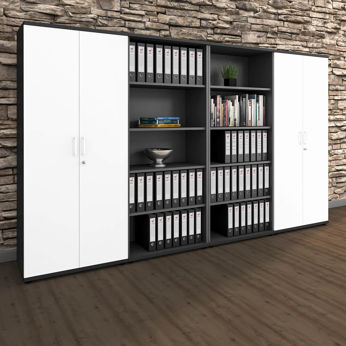 UNI Schrankwand | 5 OH, 3200 x 1897 mm, Anthrazit / Weiß