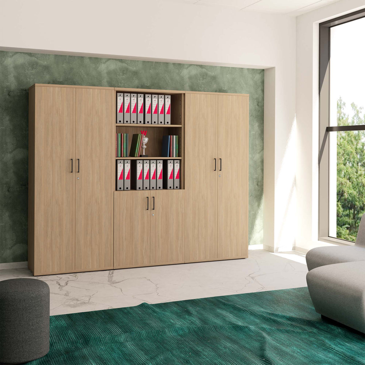 UNI wall unit | 5 OH, 2400 x 1897 mm, amber oak - 1 Lightbox Main Image