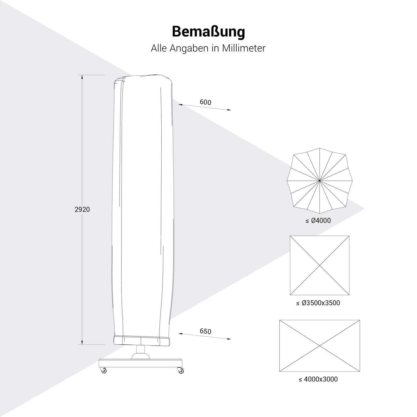 Platinum AeroCover Sonnenschirmabdeckung | 600-650 x 2920 mm, Anthrazit