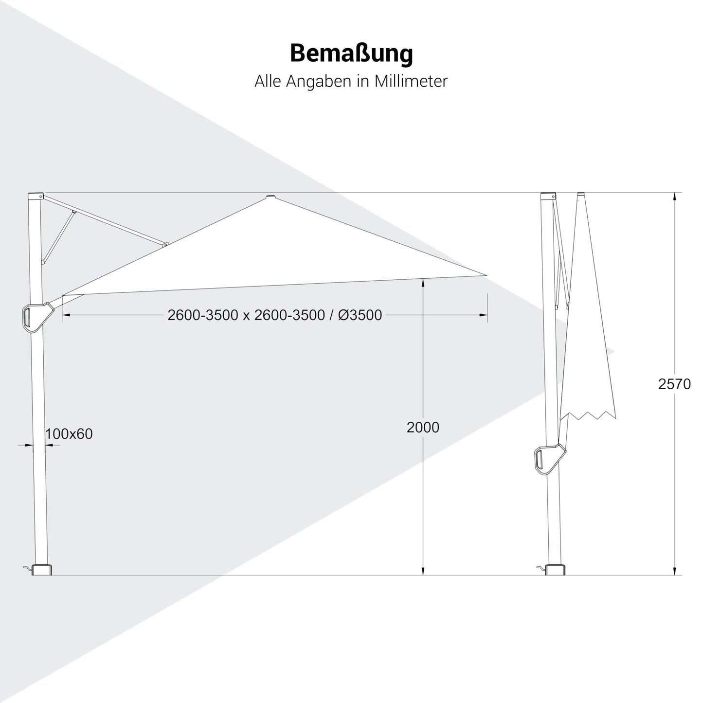 Platinum CHALLENGER T2 Ampelschirm | 2600-3500 x 2600-3500 mm, 360° drehbar, seitlich schwenkbar