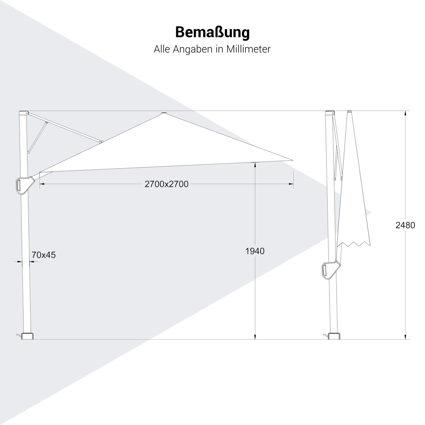 Platinum VOYAGER T2 Ampelschirm | 2700 x 2700 mm, 360° drehbar, doppelt schwenkbar